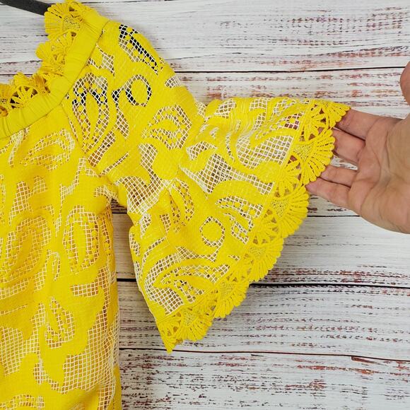 Alexis Yellow Silk Lace Mini Dress XS Off Shoulder Floral Fairy Coquette Kawaii - Picture 8 of 16